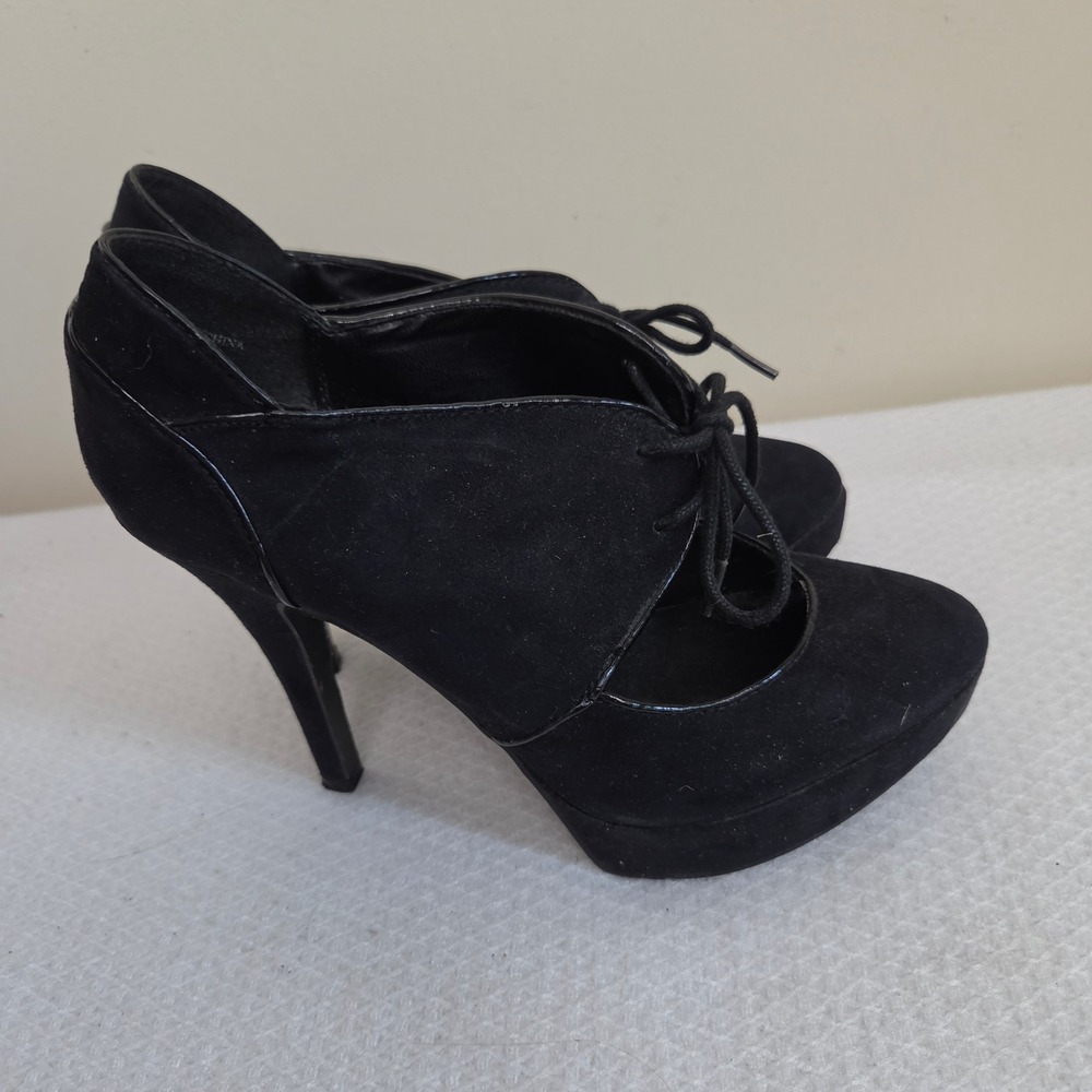 Black Suede Lace Up Platform Stiletto Shooties Heels Size 8 Rocker Edgy Goth